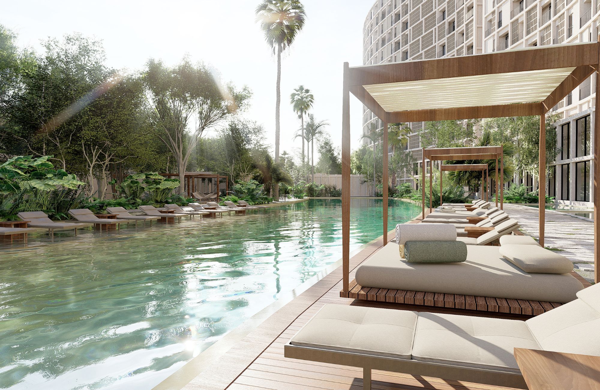 Condo with 100 m2 garden,  infinity pool, pet spa, cowork, gym, pre-construction, on Nader Avenue, Cancun, for sale.