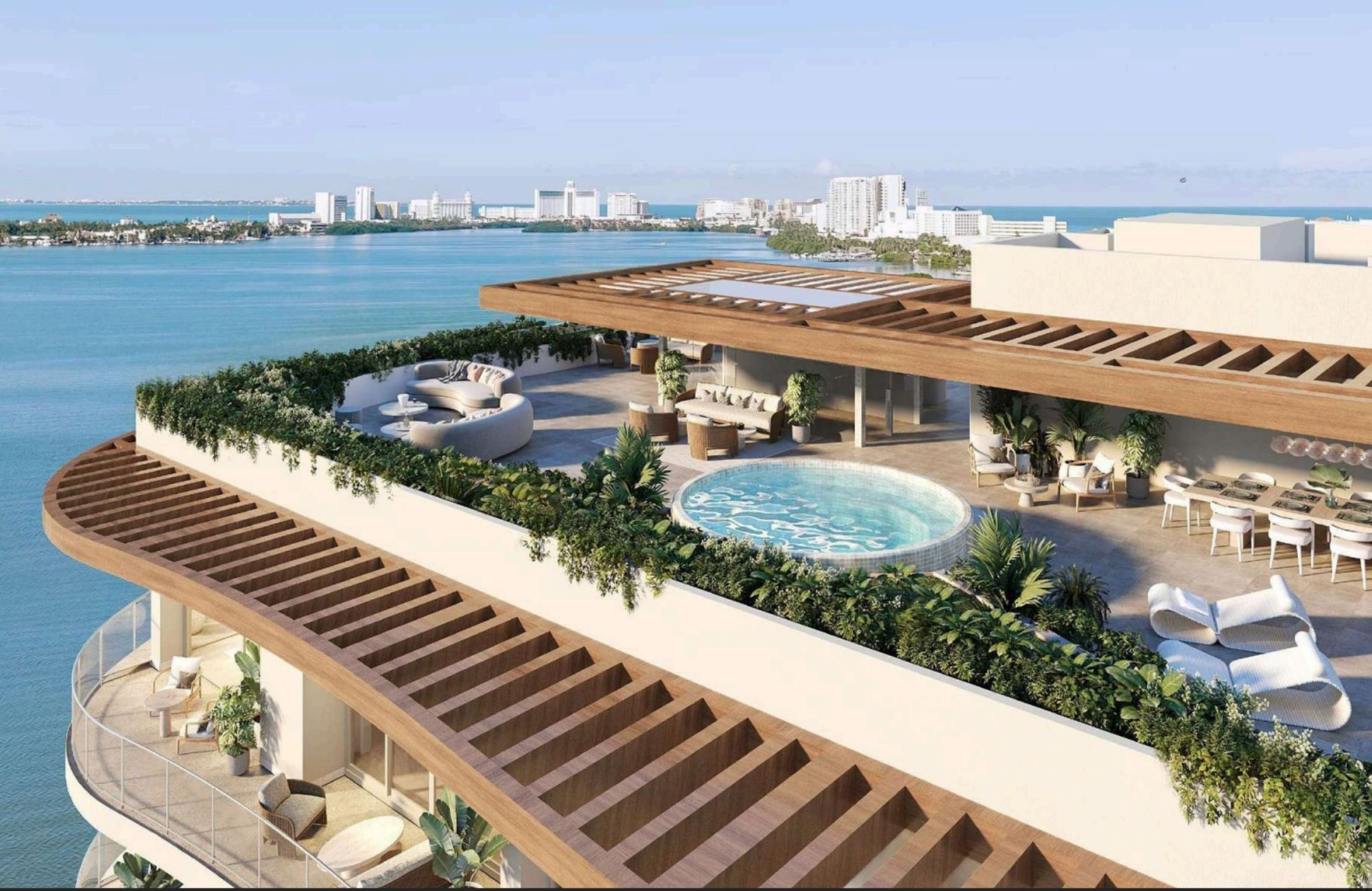 Luxury penthouse with ocean and marina views, with amenities: infinity pool, spa, gym, lounge area, event room, lobby, in Puerto Cancun