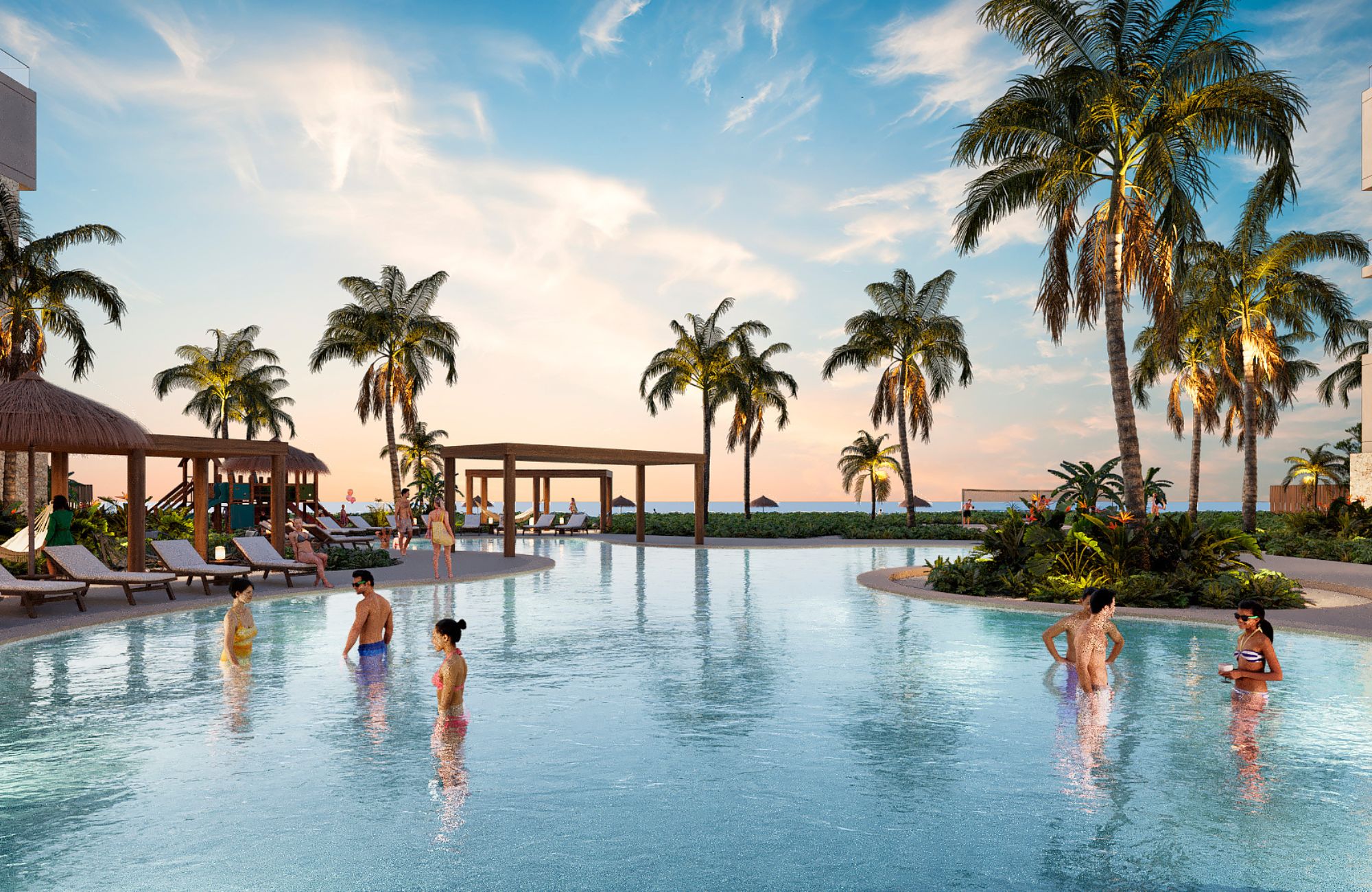 Condominio con alberca frente al mar, hamacas, terraza y palapas, pre-construcci&oacute;n,  San Crisanto, venta, Merida.