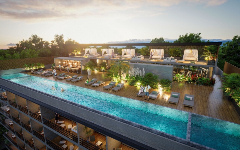 Studio with terrace, ocean view amenities, for sale Downtown Playa del Carmen