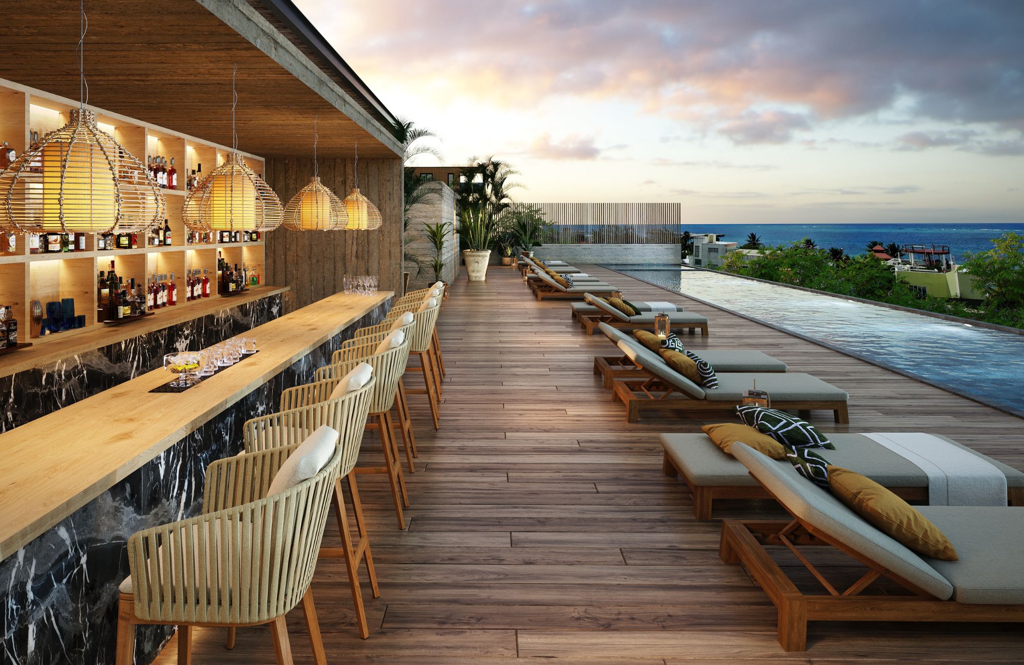 Condominium 350 meters from the beach, ocean view pool, art gallery, unique design, roof garden with jacuzzi, for sale in Playa del Carmen.