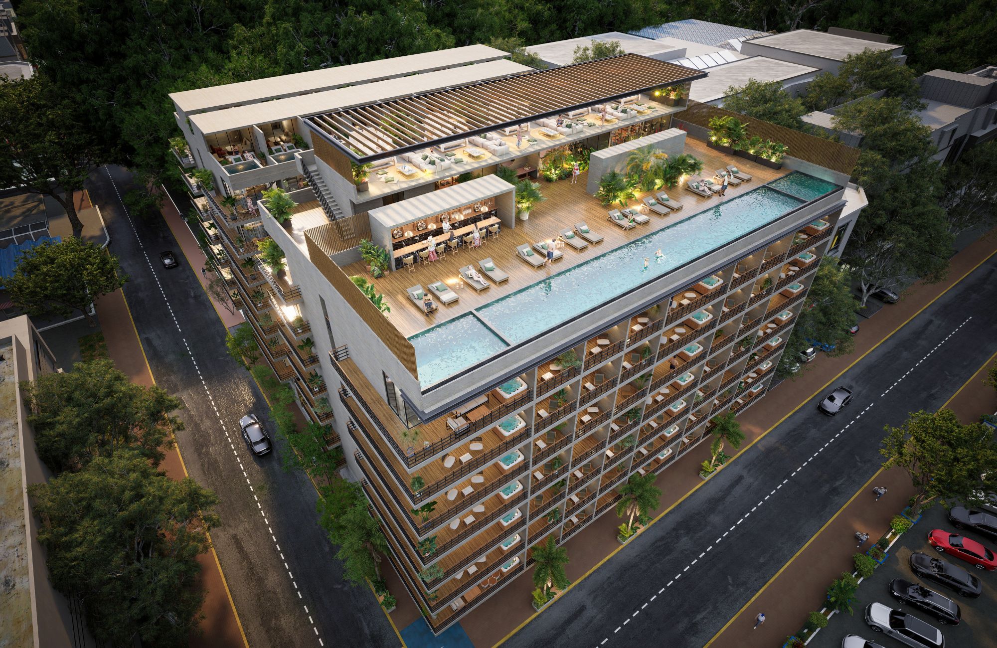 Condominium 350 meters from the beach, ocean view pool, art gallery, unique design, roof garden with jacuzzi, for sale in Playa del Carmen.