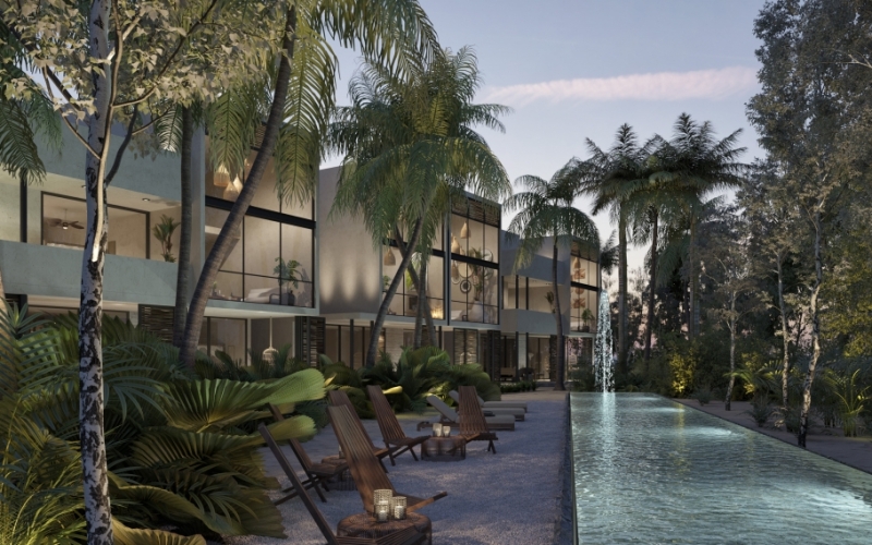 Condominio con alberca privada rodeado de areas verdes en Tulum