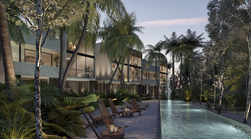 Condo with common areas surrounded by nature, near the beach in Tulum, for sale.