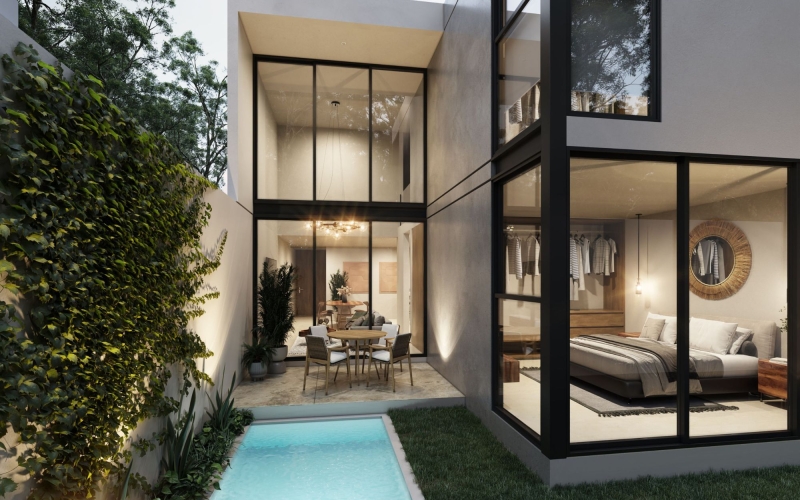 House with double-height living room, private pool, club house, for sale, Cholul