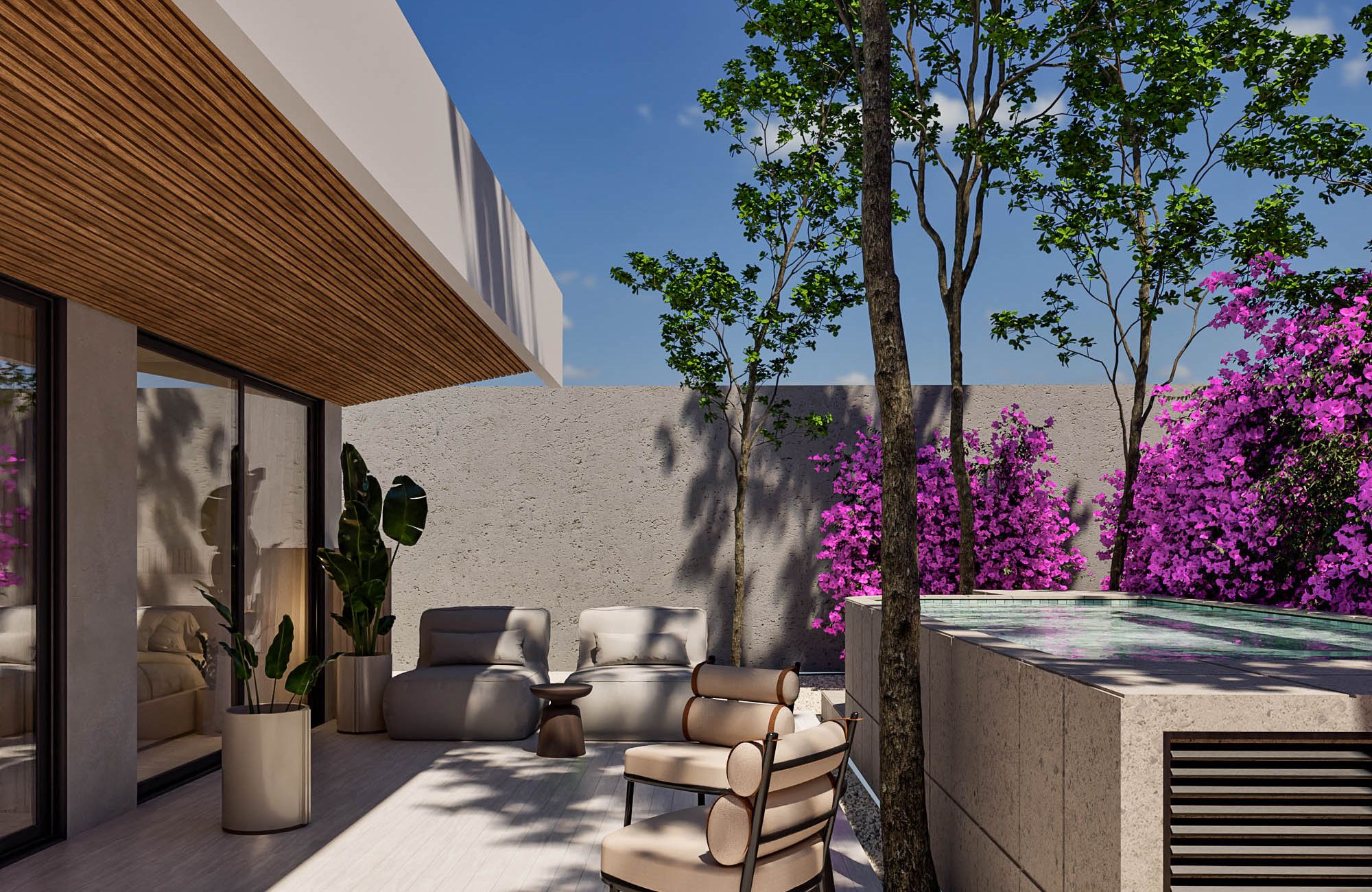 Ocean view condo, pool, 350 meters from the beach, pool, art gallery, unique design, roof garden with jacuzzi, for sale in Playa del Carmen.