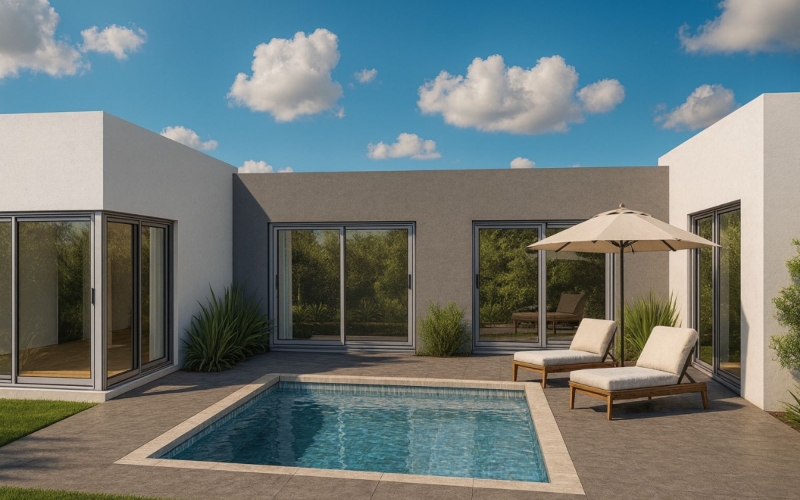 Single-story home within a golf course community with private pool