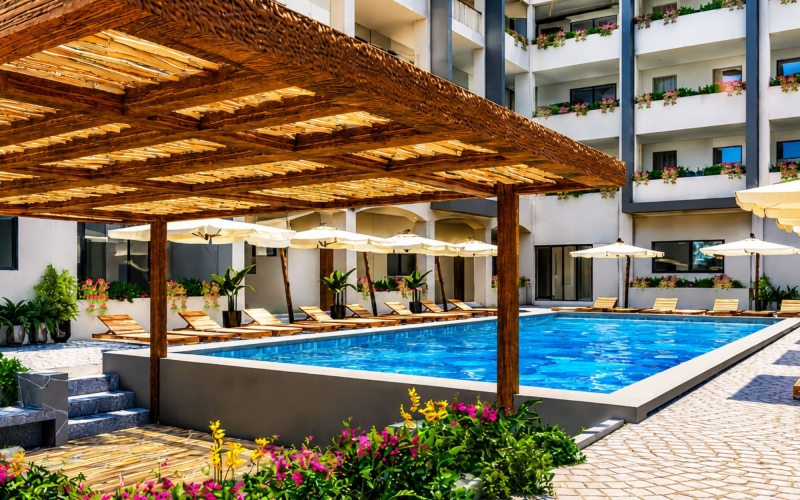 Bright condo with terrace and amenities including a swimming pool and sun loungers for sale