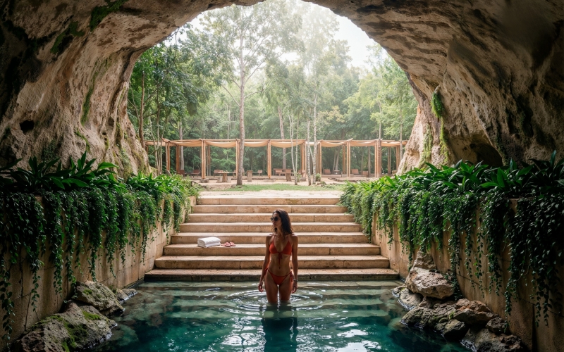 Single-family lot for sale with pools, cenote, movie theater, and green areas
