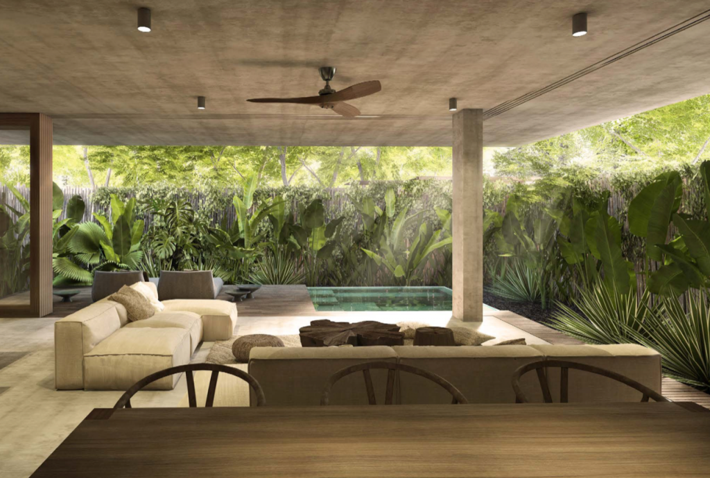 Condo with panoramic windows, surrounded by trees, 958 m2 pool, yoga, gym, swim lane, sustainable building, pre-construction, sale in Tulum