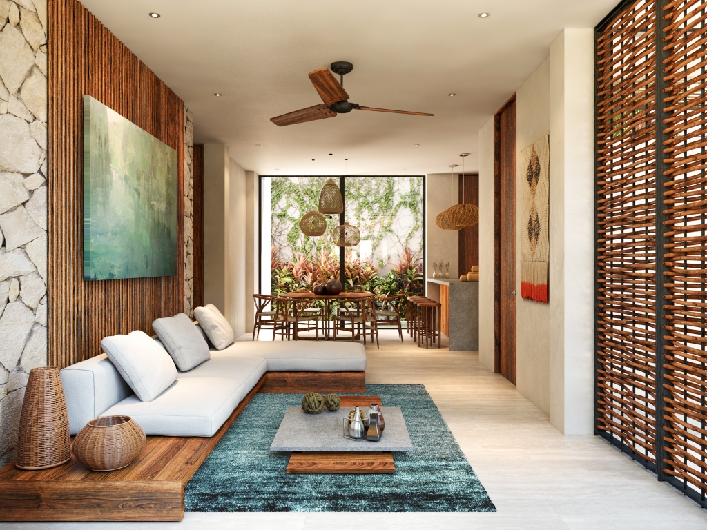 Green view condo, gym, business center, yoga and gym area, hammock garden, green areas in Aldea Zama Tulum, for sale.