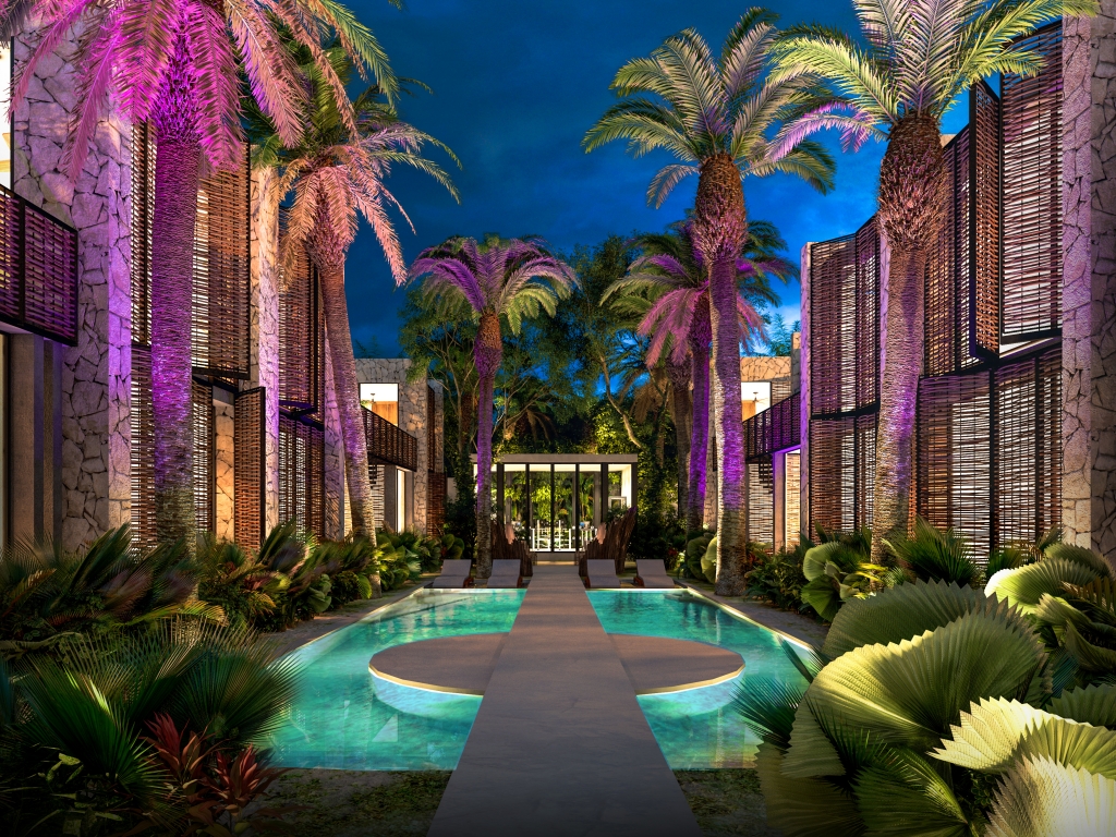 Green view condo, gym, business center, yoga and gym area, hammock garden, green areas in Aldea Zama Tulum, for sale.