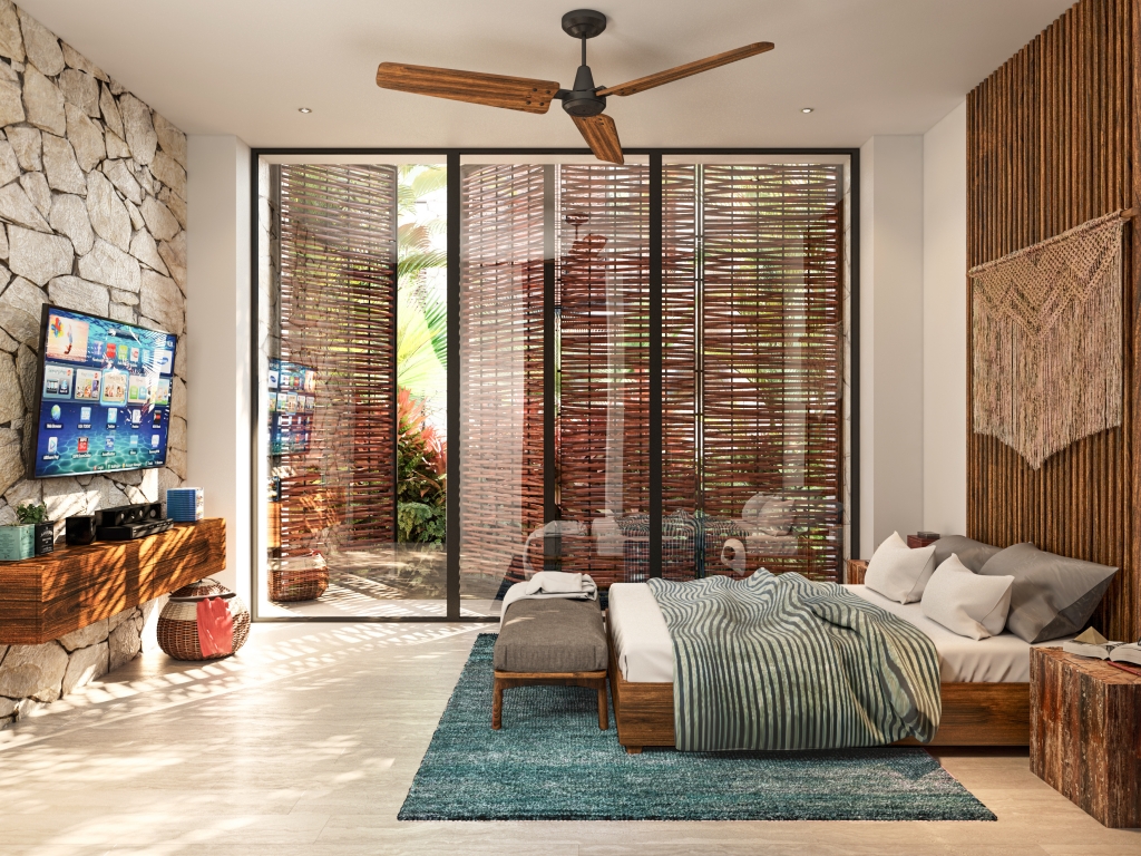 Green view condo, gym, business center, yoga and gym area, hammock garden, green areas in Aldea Zama Tulum, for sale.