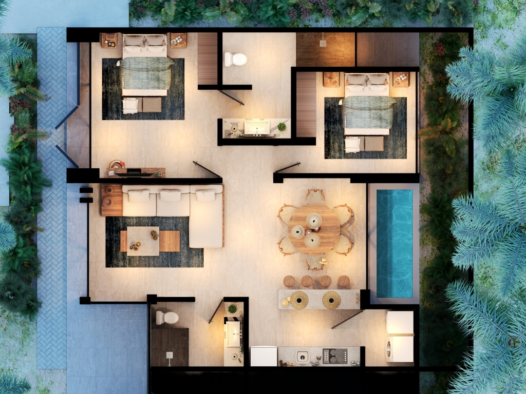 Green view condo, gym, business center, yoga and gym area, hammock garden, green areas in Aldea Zama Tulum, for sale.