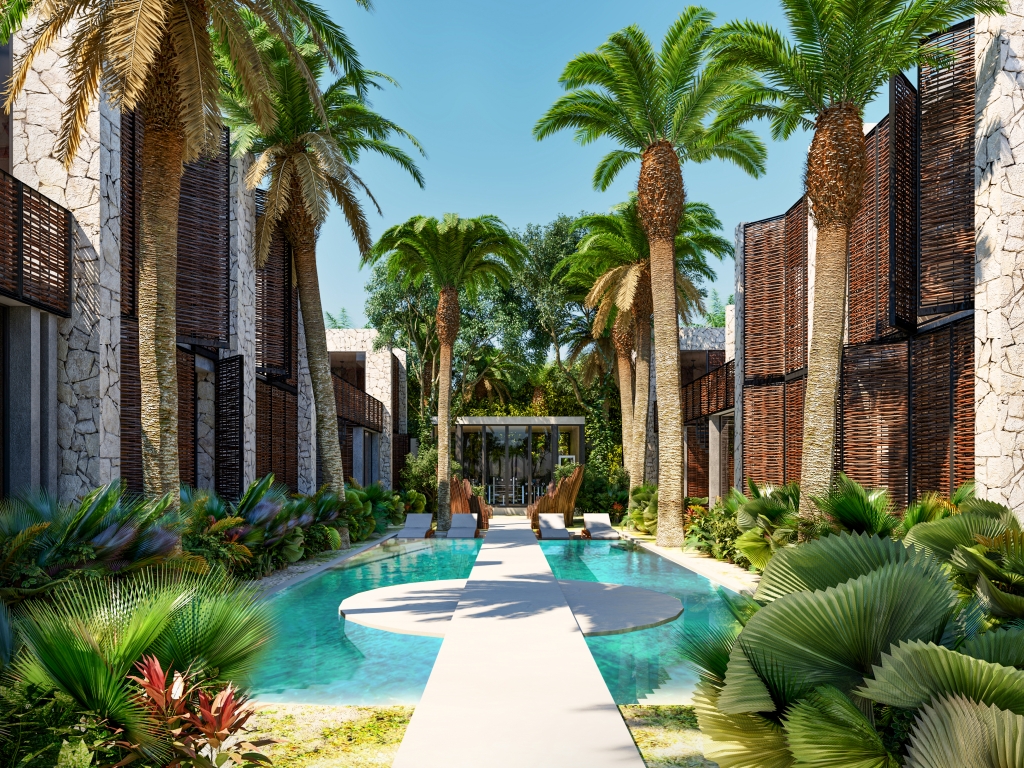 Green view condo, gym, business center, yoga and gym area, hammock garden, green areas in Aldea Zama Tulum, for sale.