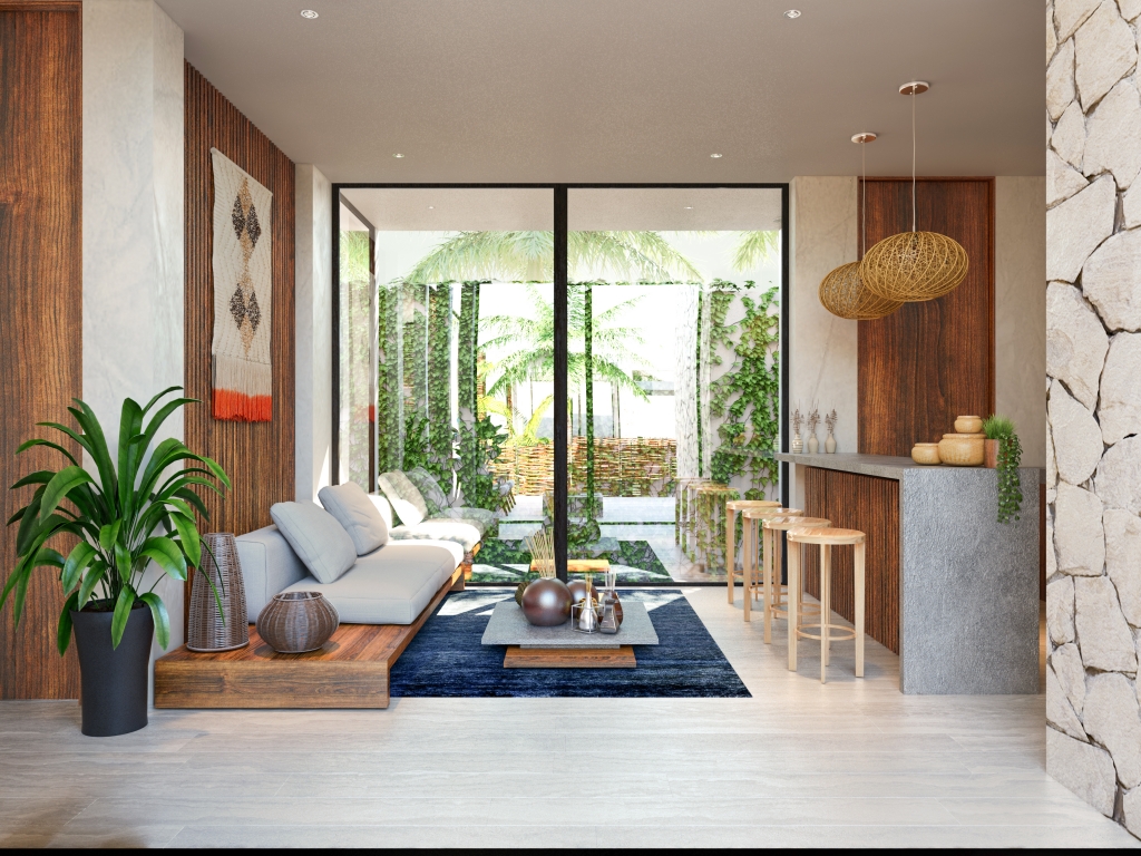 Green view condo, gym, business center, yoga and gym area, hammock garden, green areas in Aldea Zama Tulum, for sale.