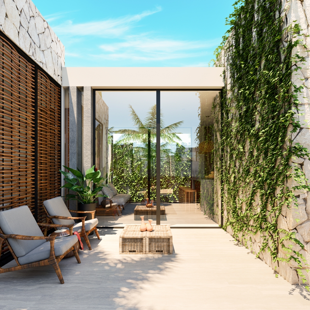 Green view condo, gym, business center, yoga and gym area, hammock garden, green areas in Aldea Zama Tulum, for sale.