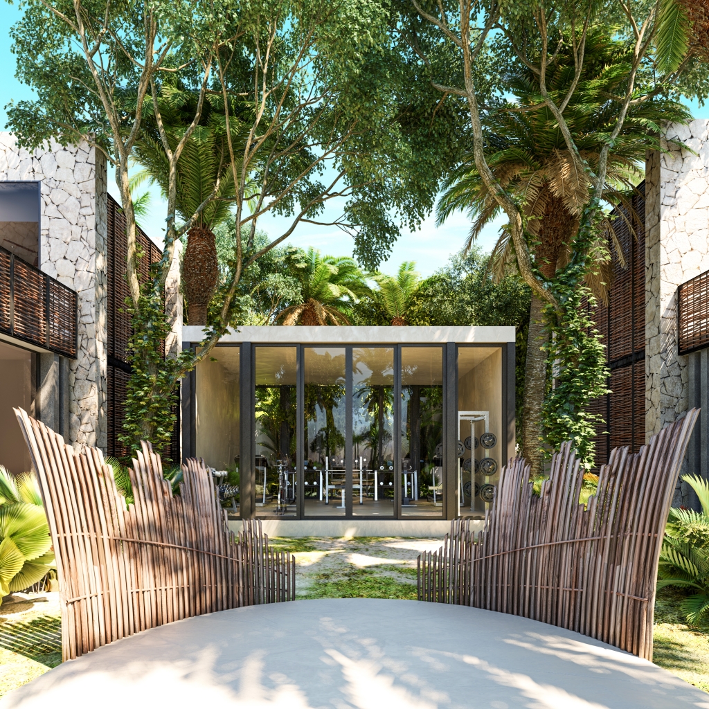 Green view condo, gym, business center, yoga and gym area, hammock garden, green areas in Aldea Zama Tulum, for sale.