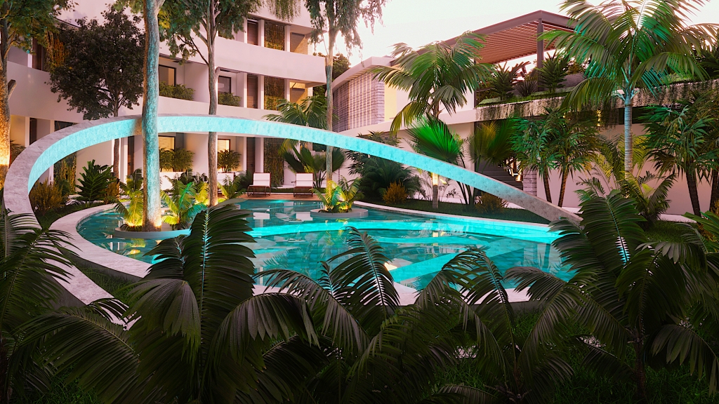 Condo with private pool, lock off, heated pool, gym and yoga area, coffee shop, in Aldea Zama for sale.