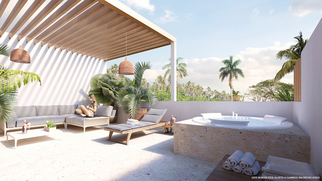 Penthouse with private pool, gym, yoga, spa, ecological technology, in Aldea Zama, Tulum, for sale.