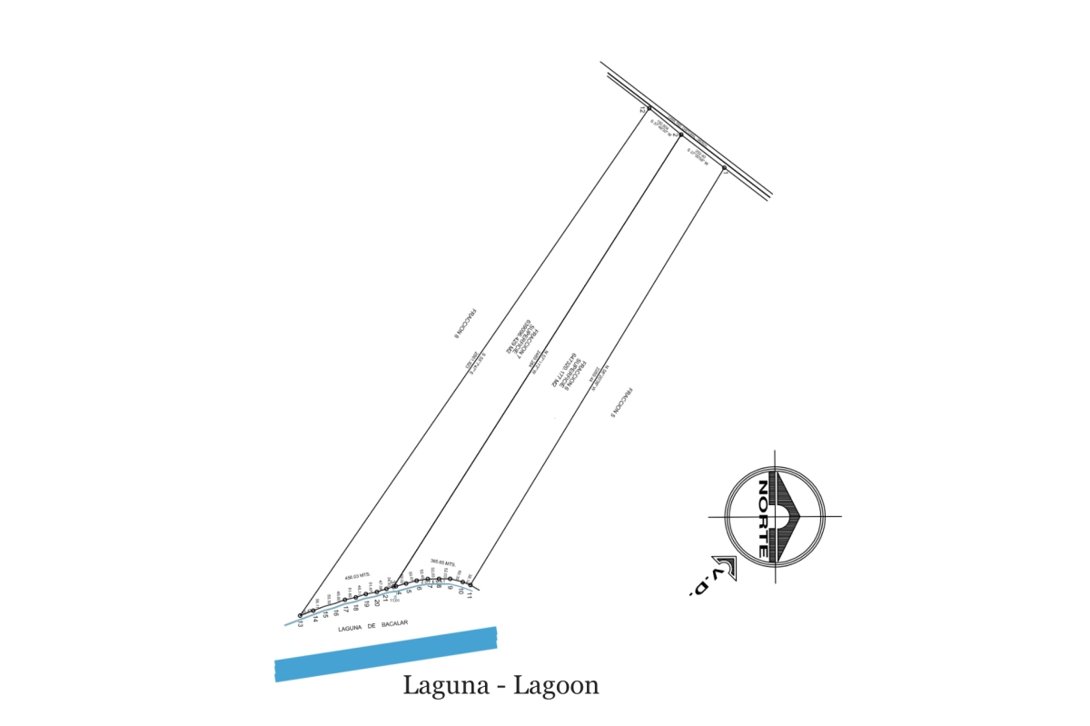 63 Hect&aacute;reas frente a la laguna en venta Bacalar, 456 metros de frente de laguna, 8 cuartos por hect