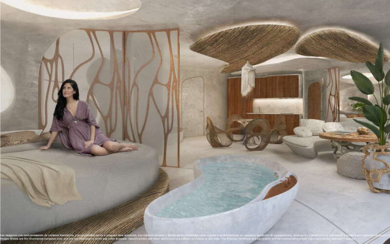 Sculpture for living, penthouse with iconic design, plunge pool, fire