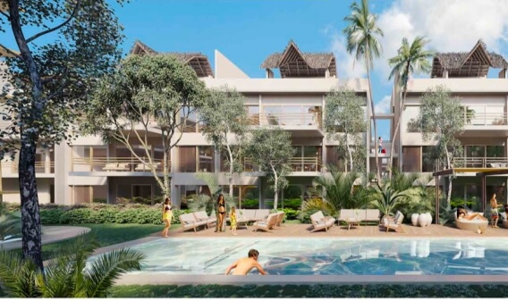 Condo for sale in Aldea Zama yoga area, terraces with lounge chairs,beach club access