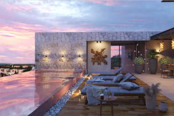 Ocean view rooftop pool, gym, bbq grill, pre-construction condo for sale Cozumel.