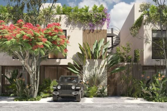 House with private pool, hot tub spa, smart key card, amenities: gym, juice and coffee bar, common pool, in Aldea Zama, Tulum for sale.