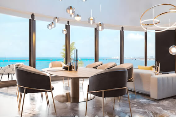 Condo with ocean and marina views, with amenities: infinity pool, spa, gym, lounge area, meeting room, lobby, located in Puerto Cancun