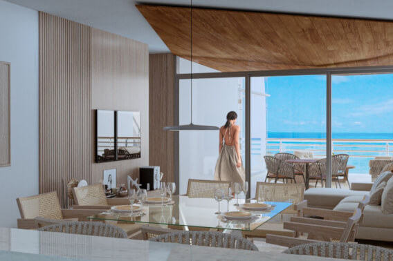 Oceanfront condo with ample terrace and balconies, pre-sale Playa del Carmen.