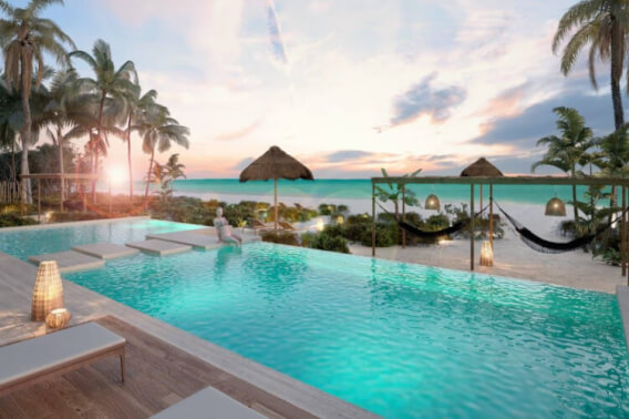 Condominium with oceanfront pool, hammocks, terrace and palapas, pre-construction, San Crisanto, sale, M&eacute;rida.
