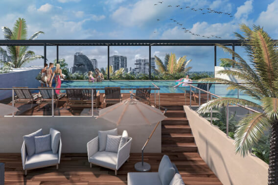 Condominio con jardin privado, alberca infinity, jacuzzi, snack bar, cuarto de servicio, pre-construccion, Puerto Cancun