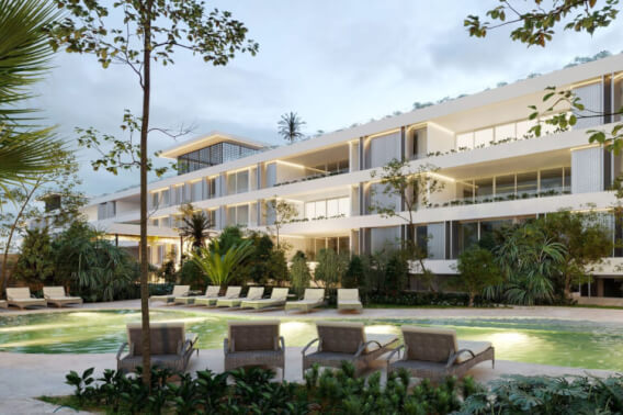 Condominium with green views, cenote, pool, 400 meters from the beach, on golf course, pre-construction-sale Playacar