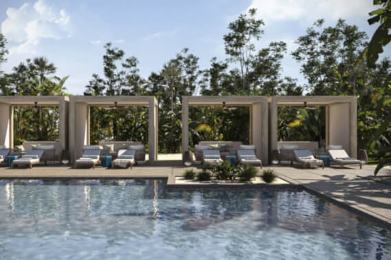 Beachfront condominium with balcony, cabins, lounge chairs, pool, in Telchac, for sale, M&eacute;rida.