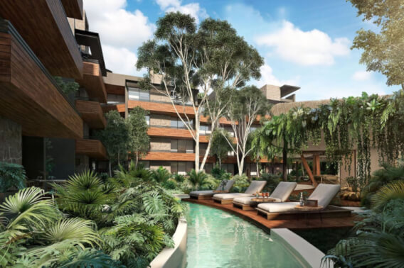 Condo with adults pool with bar, family pool, co-working, spa, bar, gym, green areas, in pre-construction for sale Aldea Zama Tulum.