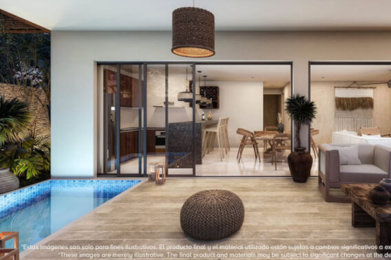 Condo with private pool and 58m2 garden, yoga area, barbecue area, 2 pools with lounge areas, pre-construction, sale Tulum.