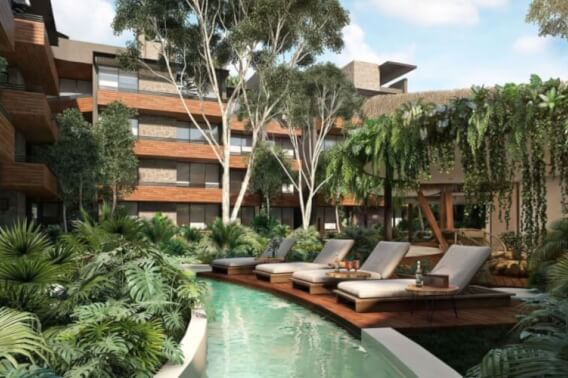 Condominium with pool for adults and rooftop bar, family pool, spa, co-working, gym, for pre-sale, Aldea Zama, Tulum.