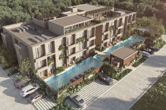 Condo with balcony, large pool, gym, restaurant, outdoor yoga area, bicycles, 5 minutes from the beach, in pre-construction for sale