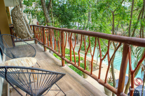 Condo with lock off design, private terrace with green view, 2 pools, barbecue area, trees, lounge areas, for sale, Malanay, La Veleta Tulum