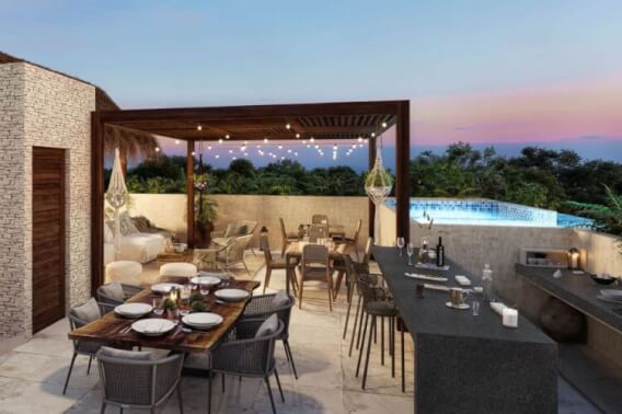 Condo with a large terrace of 35 m2, yoga area, barbecue area, 2 pools with lounge areas, pre-construction, sale Tulum.