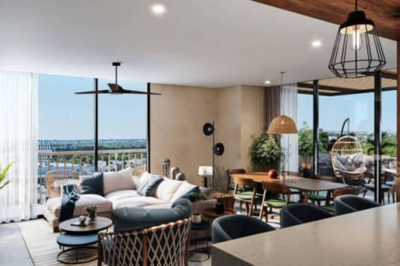 Departamento con terraza, jacuzzi, alberca con vista a la laguna, venta Cancun.