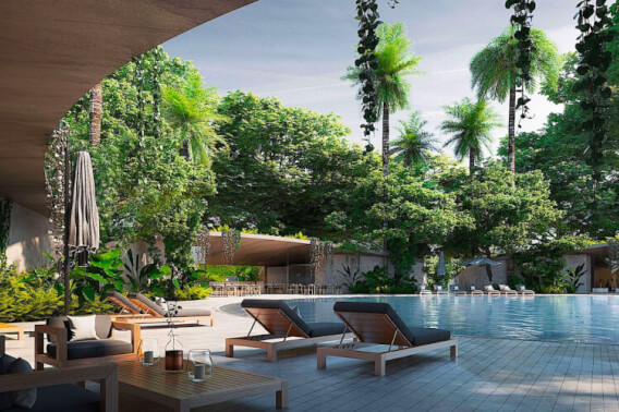 Condo with panoramic windows, surrounded by trees, 958 m2 pool, yoga, gym, swim lane, sustainable building, pre-construction, sale in Tulum