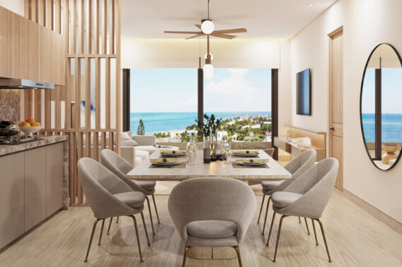 Apartment with ocean view, swimming pool, gym, for sale, beachfront, Puerto Morelos.