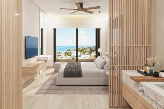 Condo with ocean view for sale, swimming pool, lobby, beachfront, Puerto Morelos.