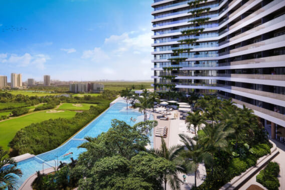 Departamento con vista al mar, campo de golf y la reserva natural. En edificio sustentable, cuenta con dos recamaras, balcones.