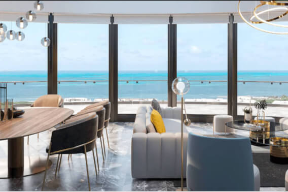 Luxury apartment with beautiful views of the sea and the marina, with amenities: infinity pool, spa, gym, lounge area, event room, lobby