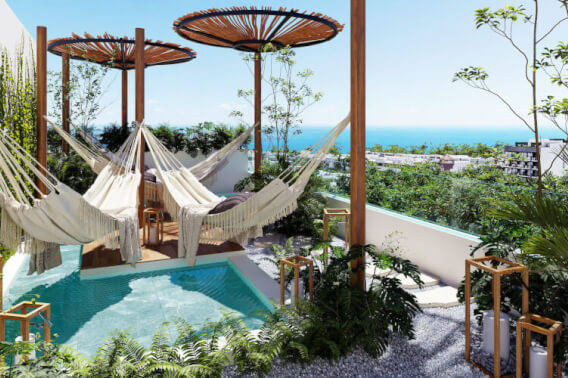Ground floor condo with small garden, terrace with pool, jacuzzi, gym, coworking, concierge, pre-construction, for sale, Playa del Carmen.