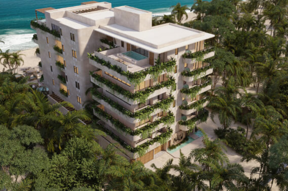 Oceanfront apartment, 2 jacuzzis, lock off system, private beach, gym, pet area, and more pre-construction, Puerto Morelos for sale.