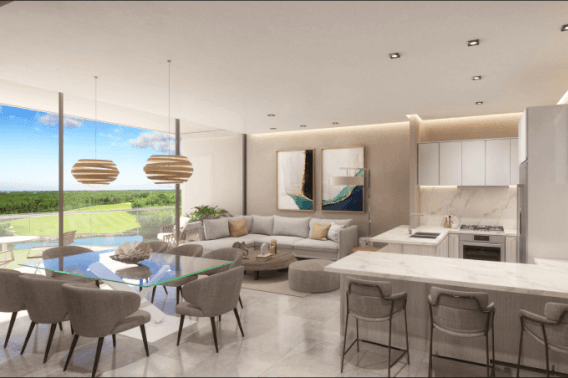 Golf course view condo surrounded by green with clubhouse, cenotes, beach club, parks, pre-construction-sale Playa del Carmen.